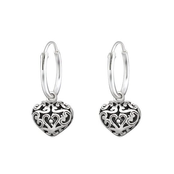 Sterling Silver Filigree Hoop Heart Earrings - Picture 1 of 7